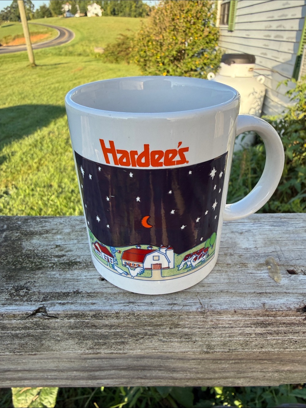White Ceramic Mug with Nightscape Design vintage Hardee’s mug